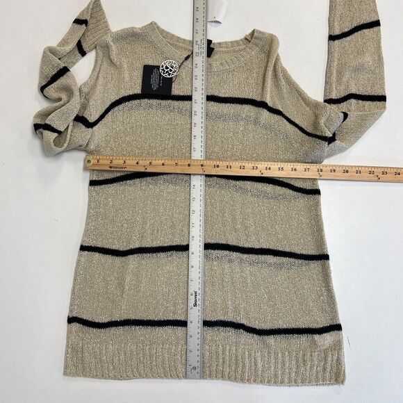 Bobeau Sweater Womens M Medium Oatmeal Black Striped Open Weave Long Sleeve Crew - Picture 9 of 13